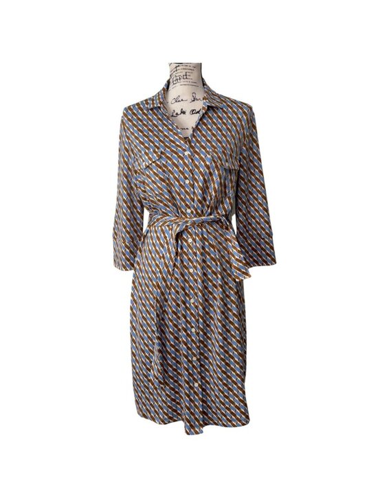 J. McLaughlin Dresses & Skirts - J. McLaughlin Womens Size L Shirt Dress Belted Button-Up Geometric Blue Brown